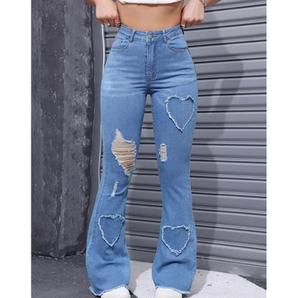 2025 Women's New Distressed Jeans, Embroidered Patch Fabric, High Elasticity,